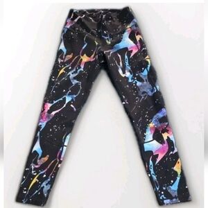 FMFM Long Leggings Size Large Paint Splash Feed Me Fight Me Exercise Pants Euc